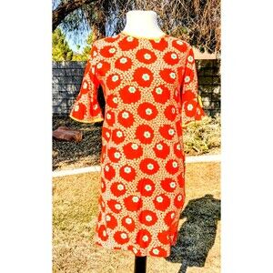 Vintage Custom Handmade Floral Coral Petite XS Mod 3/4 Sleeve Mini Zip Dress GUC